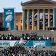 Members of the Philadelphia Eagles celebrate during a ceremony honoring their Super Bowl win on Feb. 8, 2018, in Philadelphia.